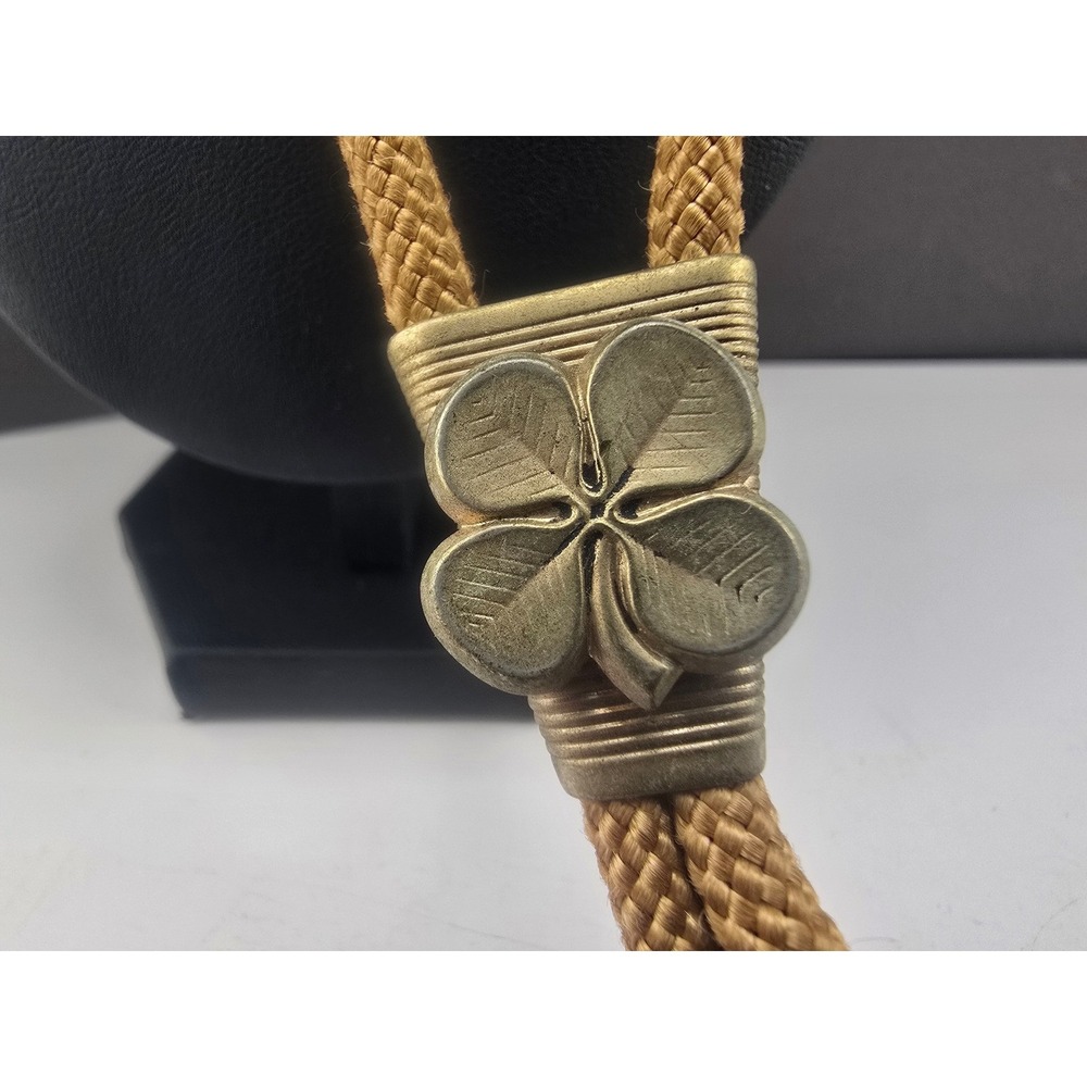 Vintage Hickok Bolo Tie Gold Tone Tan Four Leaf Clover Lucky Charm 17.5in